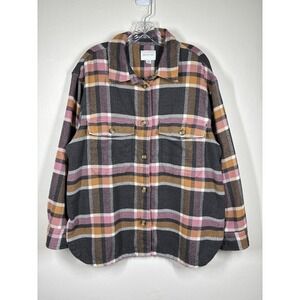 American Eagle Womens Plaid Flannel Shacket Shirt Large Pink Gray Long Sleeve